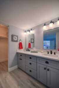 Grey Bathroom Cabinets, Black Drawer pulls faucet