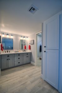 Grey Bathroom Cabinets, Black Drawer pulls faucet